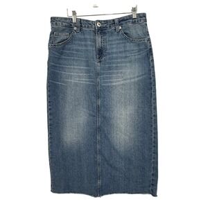 H&M Divided Denim Midi Skirt Womens 10 Blue Excellent Raw Hem Slit Straight